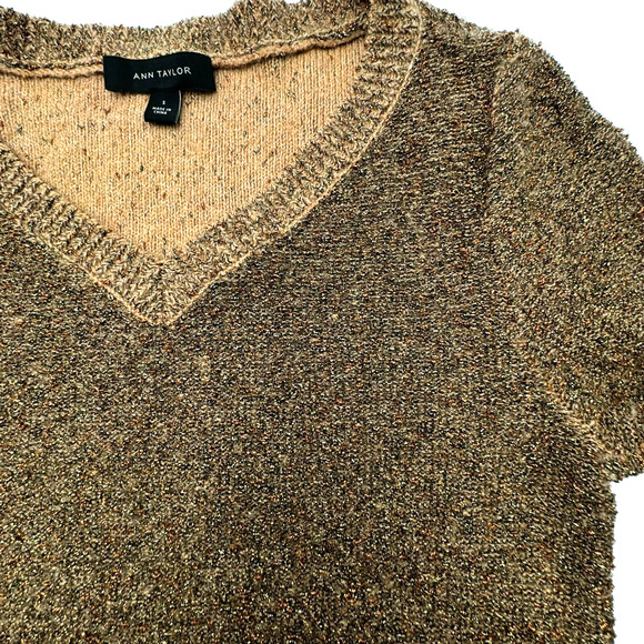 ANN TAYLOR | Womens Small Wool Gold Brown V-Neck Metallic Sparkle Sweater Ribbed - Picture 1 of 8